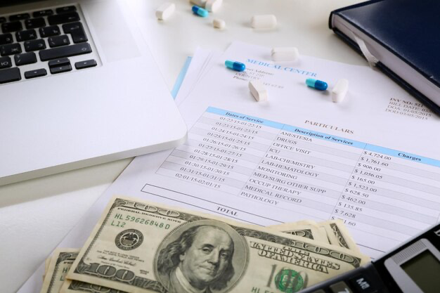 Insurance with money and pills on the table