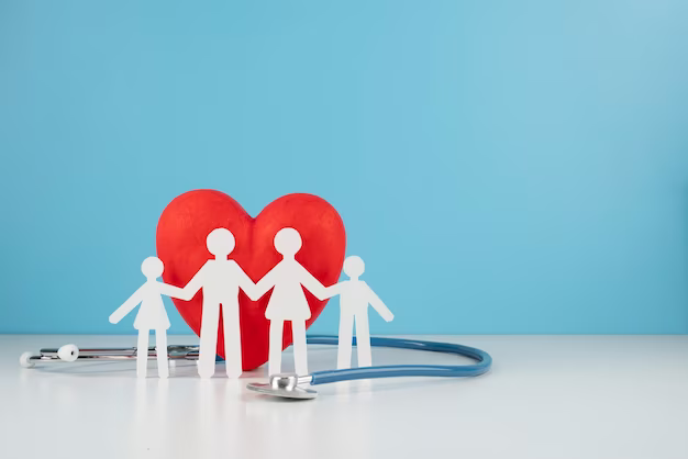 Illustration in the form of a family and a red heart, next to a stethoscope