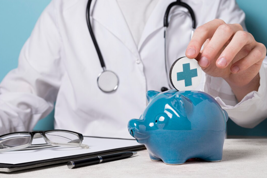 man in white medical suit puts a coin in a biggy bank, glasses, pen, and sheets on the table