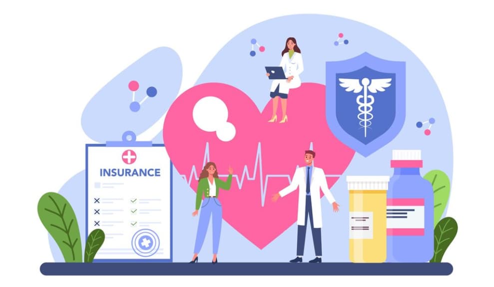 A graphic of healthcare elements including insurance form, doctors, a heart, and medication.