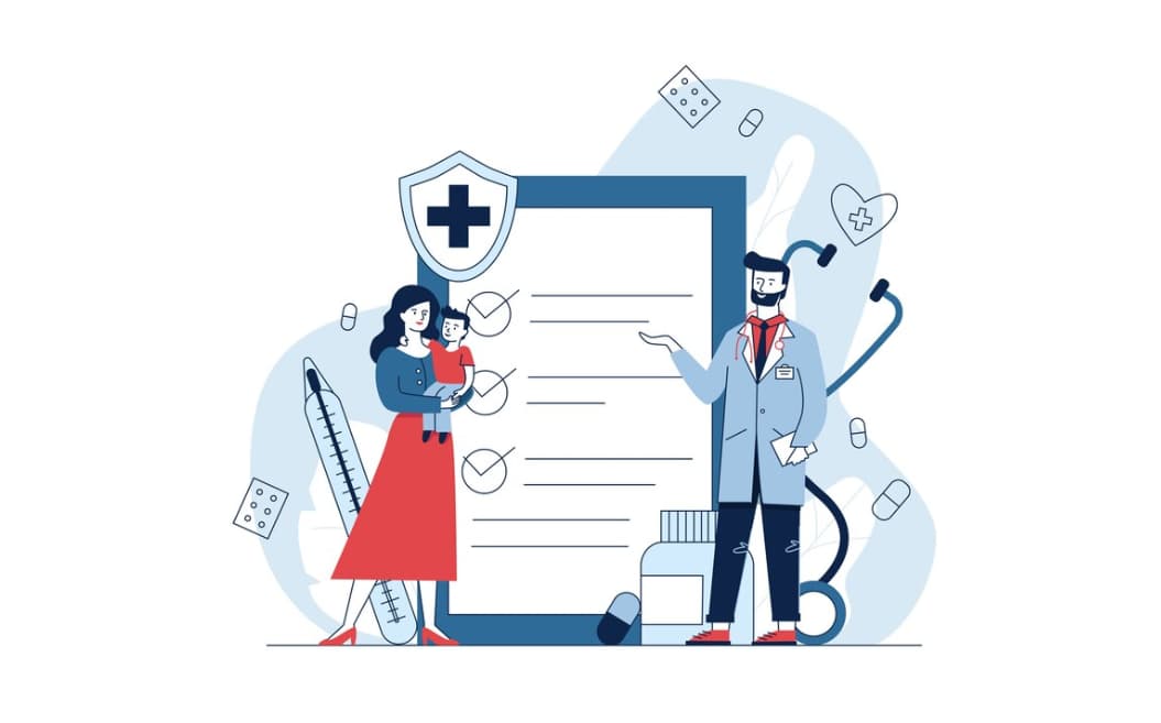 A stylized illustration of healthcare, featuring a mother, child, and doctor with medical icons.